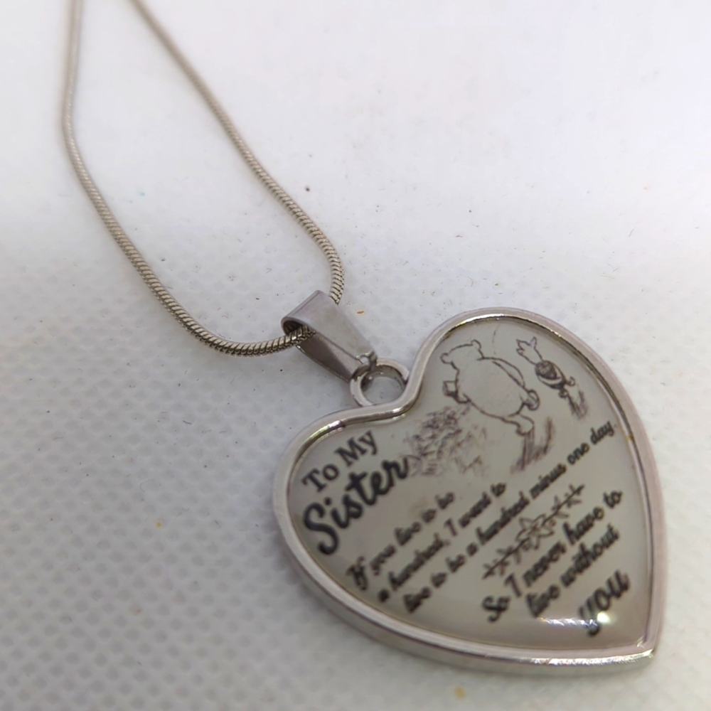 HEART Pendant To My Sister with Poem on Long Silver Rope Chain Stainless Steel